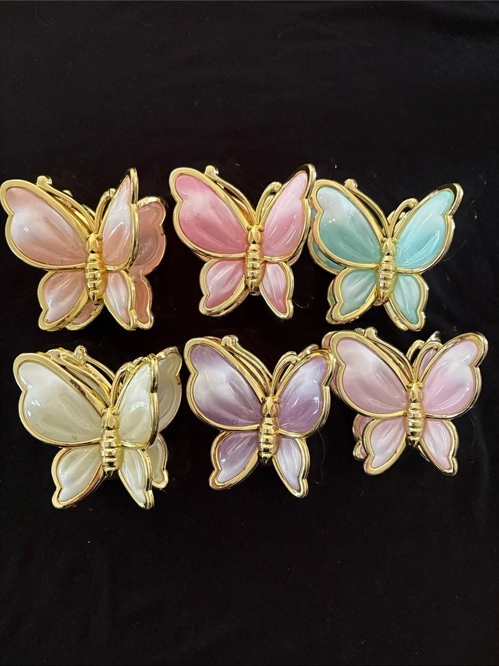 Gold-Tone Pastel Butterfly Hair Clips Set Pink, Blue, Lavender, Cream Set Of 6